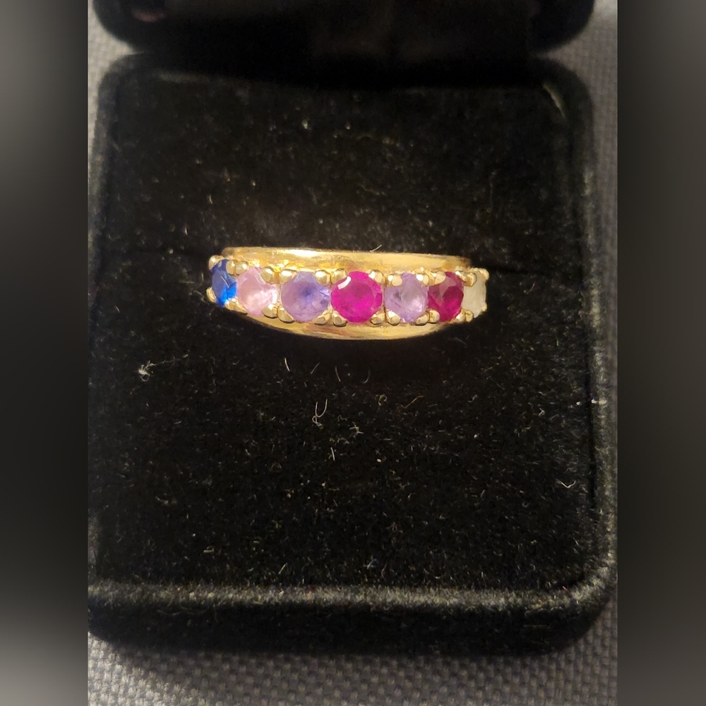 10K Gold Genuine Ruby Sapphire Amethyst Rainbow Band Ring